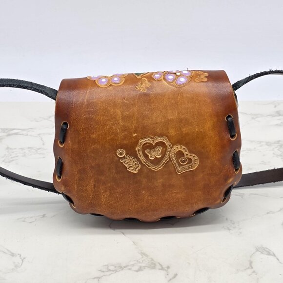 Small Mexican Leather Crossbody Bag Mini Brown Floral Butterfly Tooled Boho - Picture 2 of 10